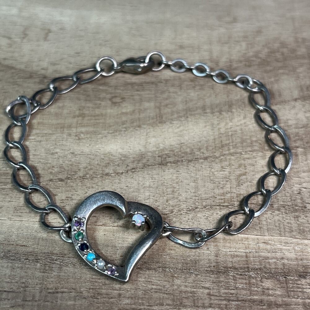 Vintage Lenox Love Heart Oval Link Sterling Silver 925 Multi-Gemstone Bracelet